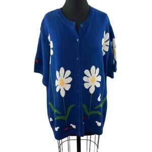 Vintage QUACKER FACTORY Blue Daisy Floral Embroidered Button-Down Cardigan Sz 2X